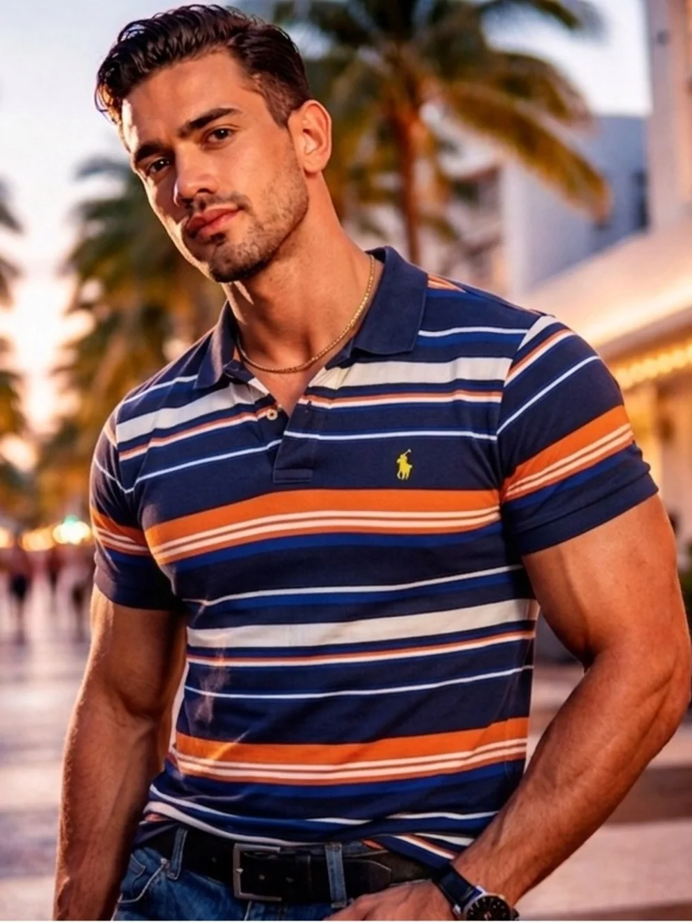 Polo by Ralph Lauren Navy, White & Orange Striped Polo